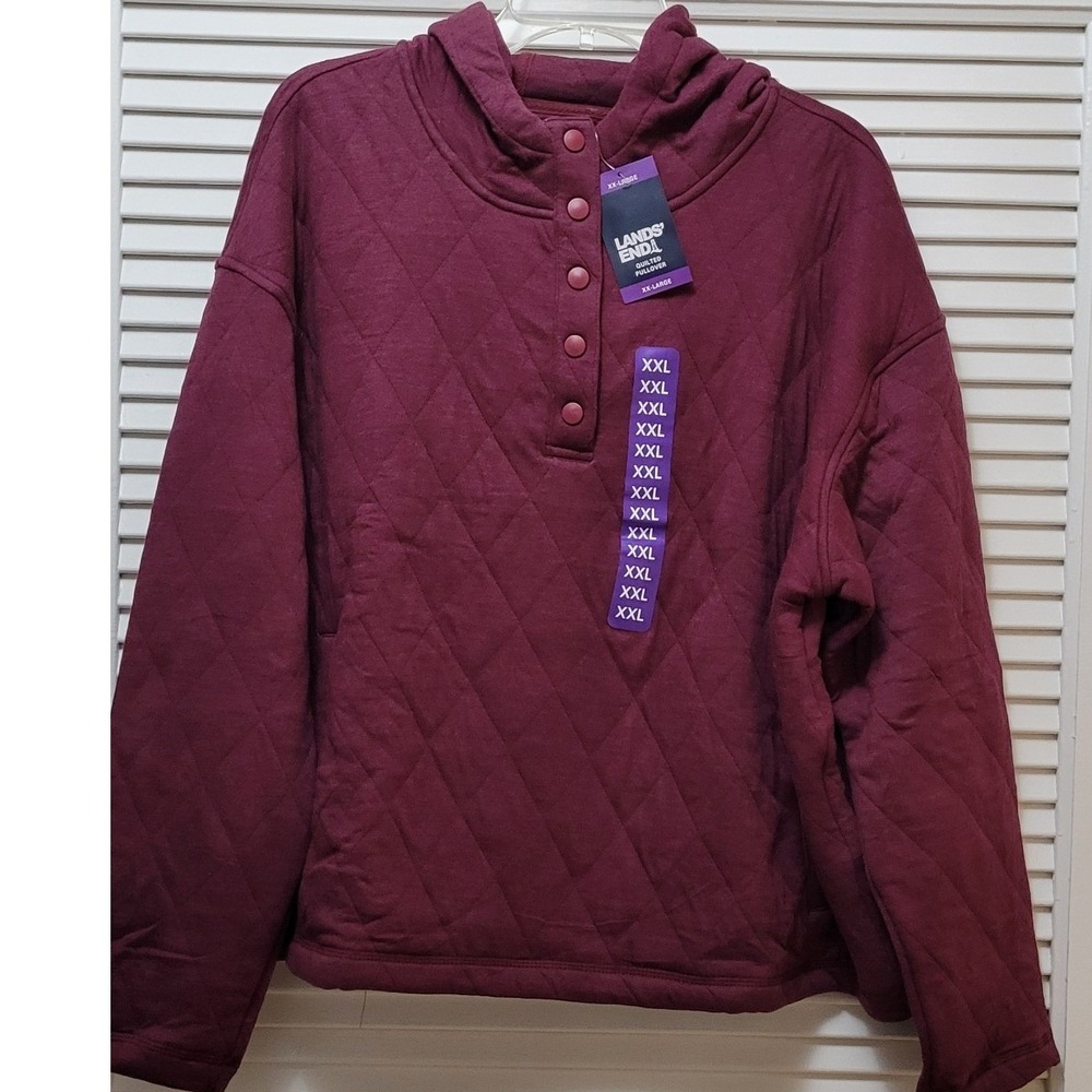NWT Quilted Hoodie Lands End Burgundy Snap Neck XXL NEW Fall Winter Warm